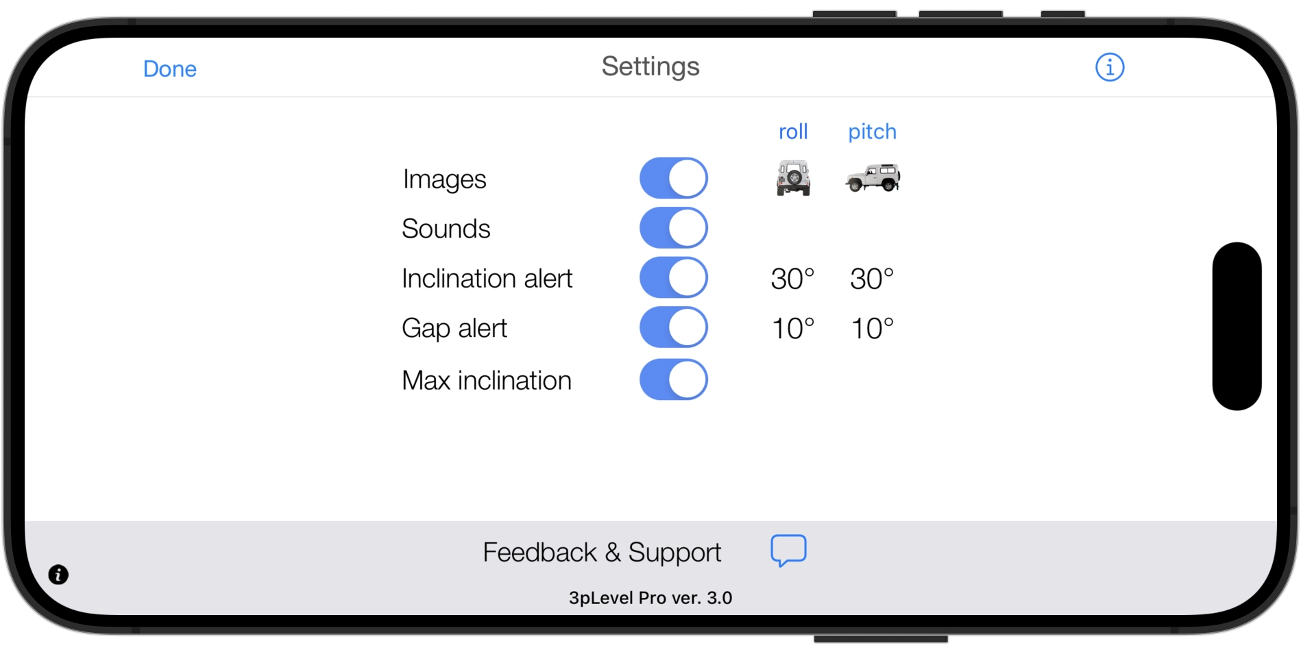 Customisable Inclinometer App for iPhone and iPad. 