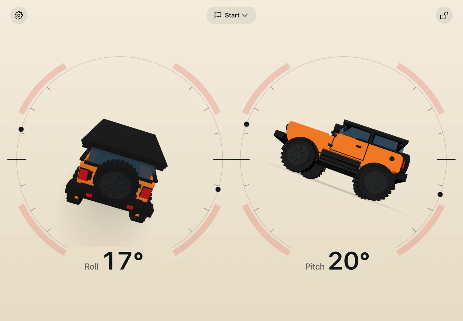 3pLevel Pro on iPad: the 3D vehicle on two ring dials, from behind at 17 degrees of roll and from the side at 20 degrees of pitch