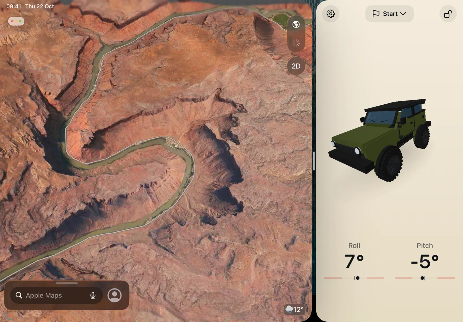iPad split view: Apple Maps satellite view of a canyon trail, with 3pLevel Pro in a window beside it showing 7 degrees of roll and minus 5 of pitch