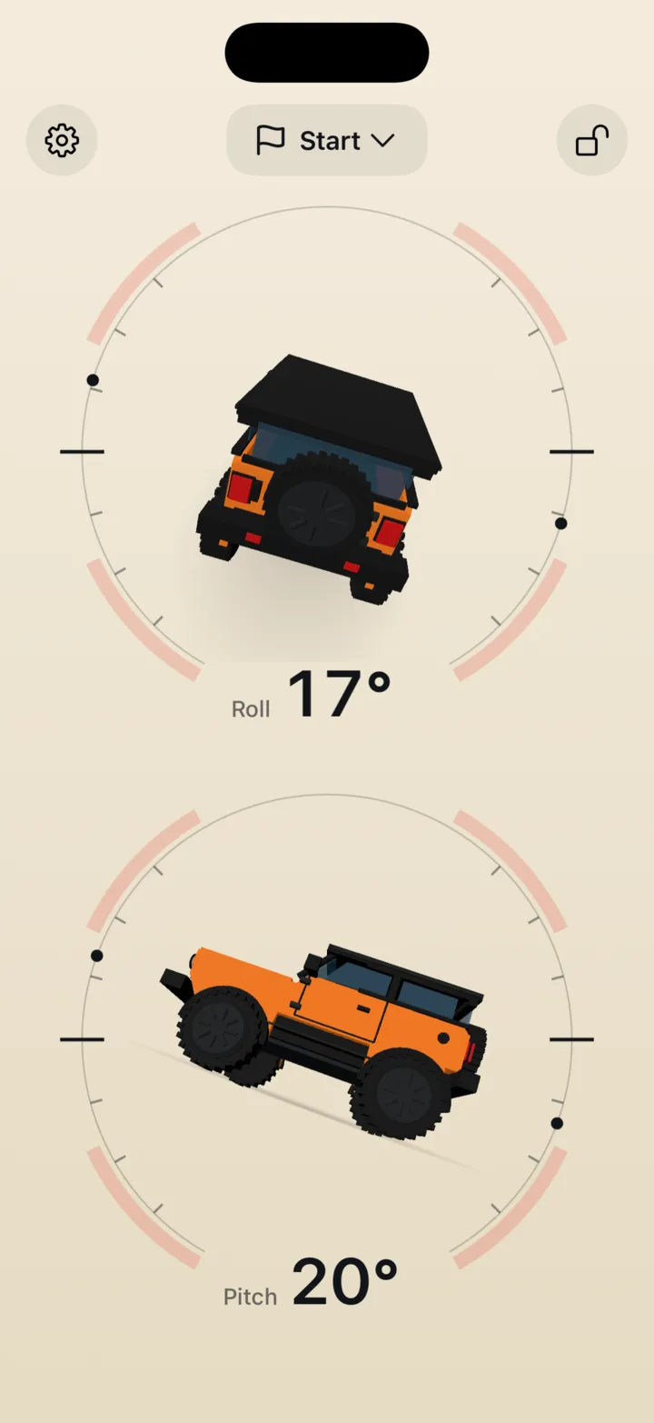 3pLevel on iPhone: the same 17 degrees of roll and 20 of pitch on the 3D vehicle, with the Start button for a drive