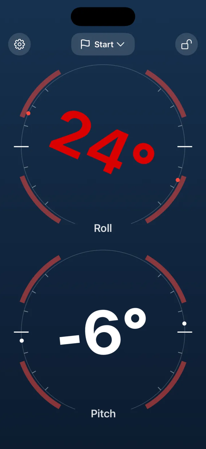 Numbers only: two ring dials, roll at 24 degrees in red past the limit and pitch at minus 6 degrees