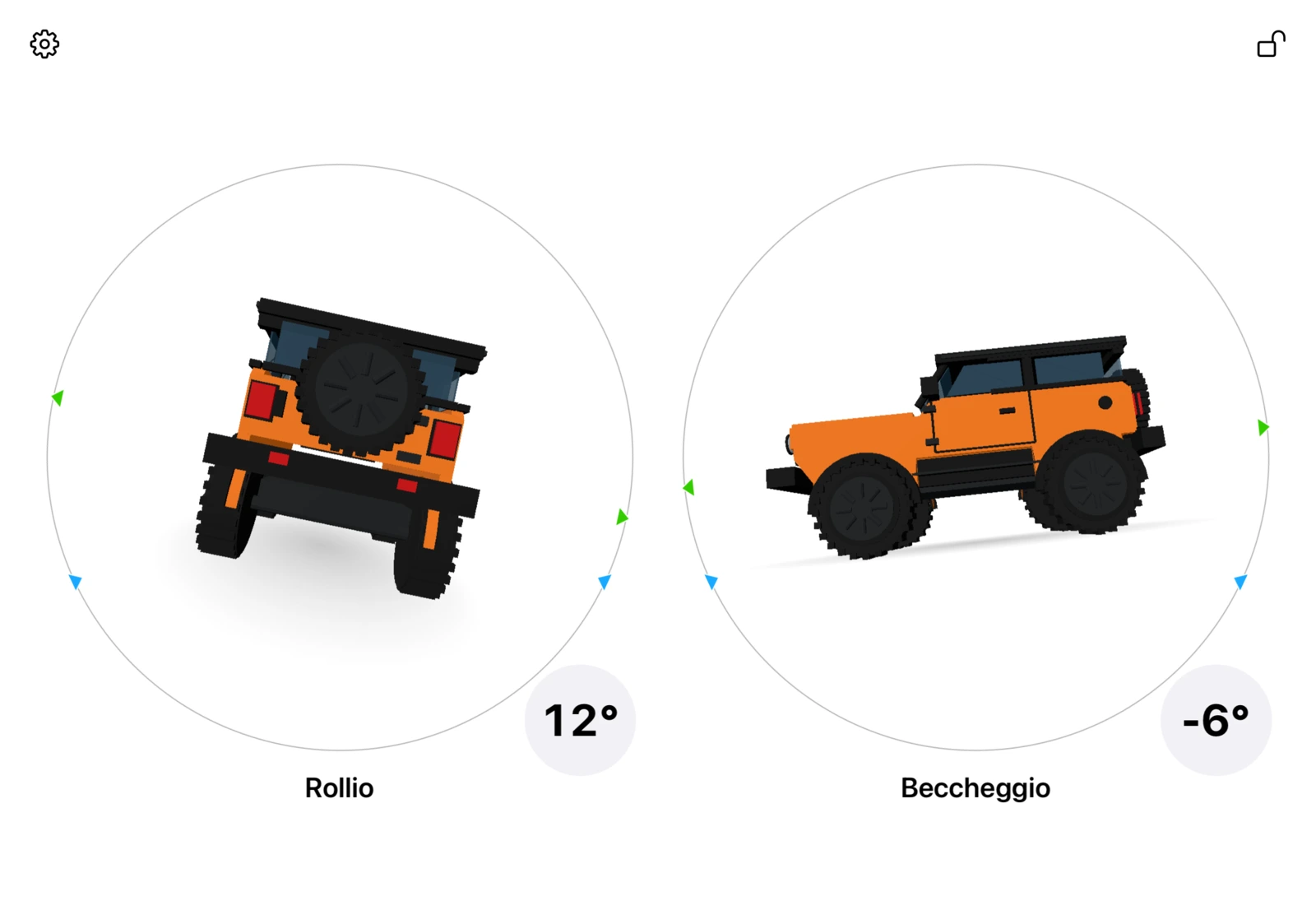 3pLevel Pro su iPad: il veicolo 3D visto da dietro a 12 gradi di rollio e di lato a meno 6 gradi di beccheggio