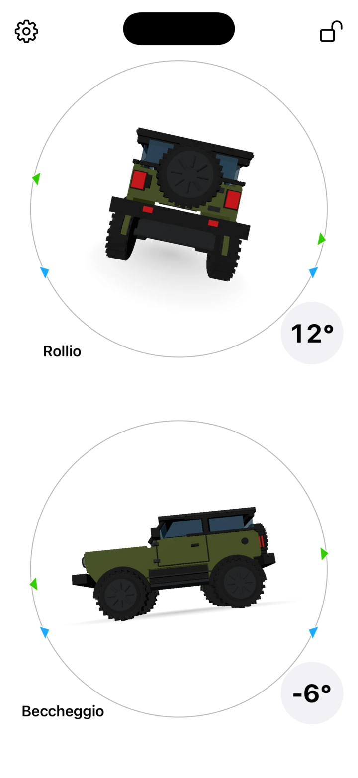 3pLevel su iPhone in modalità chiara: gli stessi 12 gradi di rollio e meno 6 di beccheggio su un veicolo 3D verde oliva