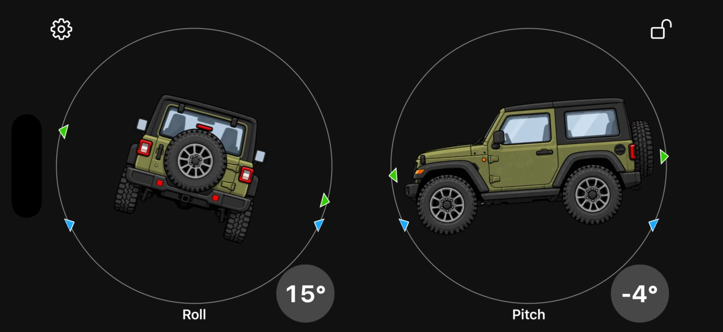 3pLevel in landscape, dark mode: an olive off-roader illustration from behind at 15 degrees of roll and from the side at minus 4 degrees of pitch